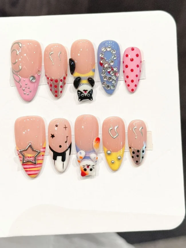 10PCS Almond Handmade Press On Nails,Hand-Painted Embossed Flowers and Fruits, Bare Wave Point, Suitable for Parties,Daily Wear.