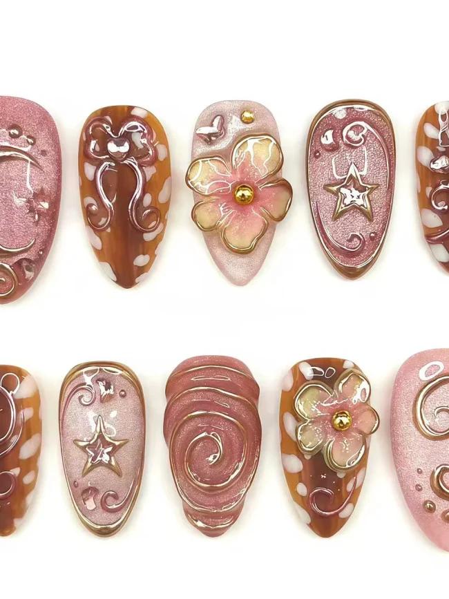 30Pcs Pink Brown Press On Nails Gold Flower Moon Star Bow Swirl Design Fake Nail Short Almond Full Coverage Nail Tips for Women