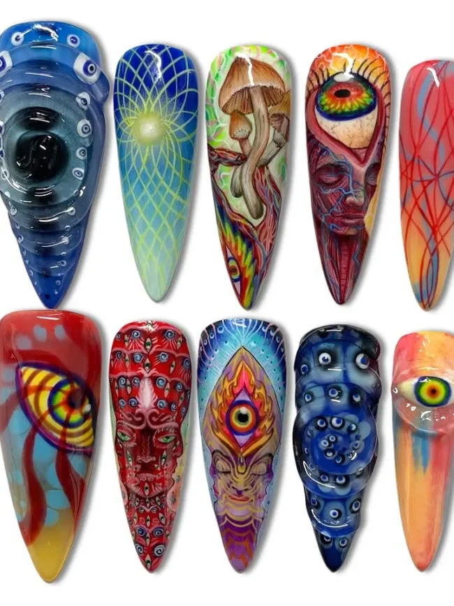 24pcs Halloween Press on Nails Trippy Psychedelic Evil Eye Mushroom Fake Nail Gothic Hippie Abstract Art False Nail for Women