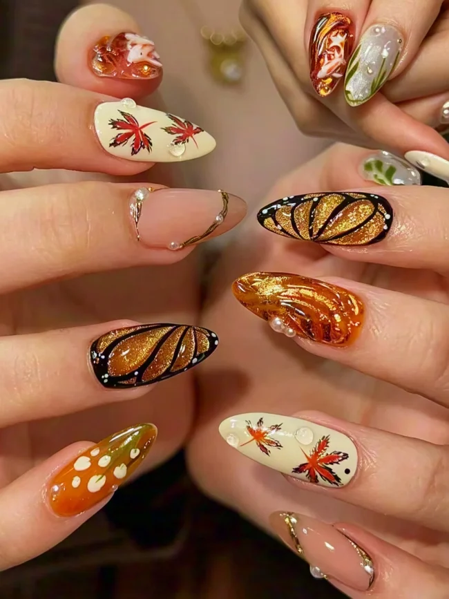 30pcs Fall Press On Nails Maple Leaf Butterfly Wing False Nail Medium Almond Pearl Decoration Fake Nail Tips for Women&Girl