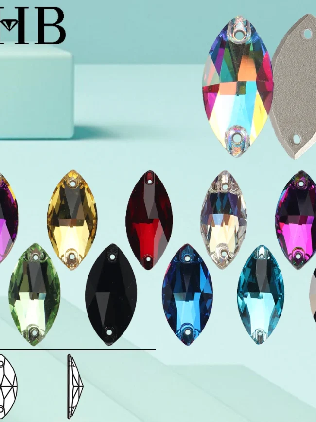 YHB Top Quality Glass Navette Flat BuckleSewing Stones Flatback Sew on Rhinestones For Clothes Bags