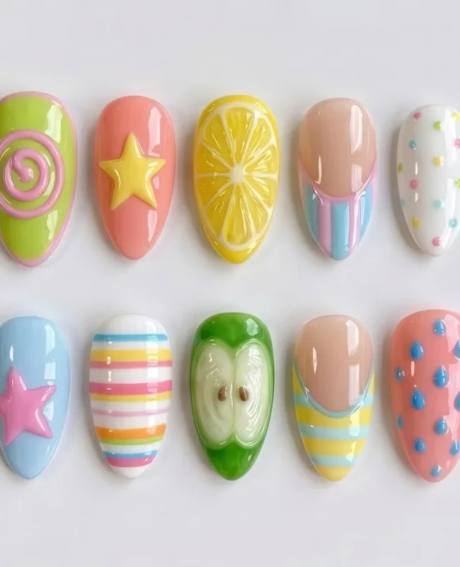 30Pcs False Nails Spiral Embossed Dopamine-Inspired Lemon Apple and Star Designs Press-On Nails—Perfect As A Gift for Girls