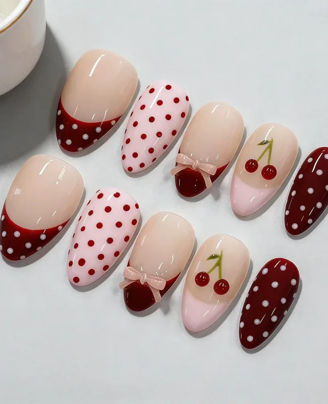 30Pcs Fake Nails Sweet Pink French Polka Dots Bows and Playful Cherries—Press-On Nails Perfect as Gifts for Girls and Friends