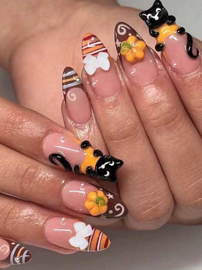 24pcs Cute Cartoon Black Cat Press On Nails 3D White Bowknots Pumpkin Pattern False Nails Stripes French Style Almond Fake Nail
