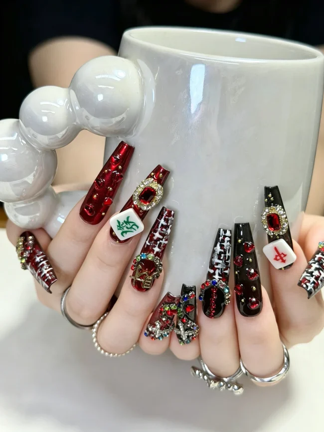 Chinese Mahjong Press On Nails, Red and Black Gothic Fake Nails with 3D Rhinestones, Long Square Handmade Acrylic Nails for Part