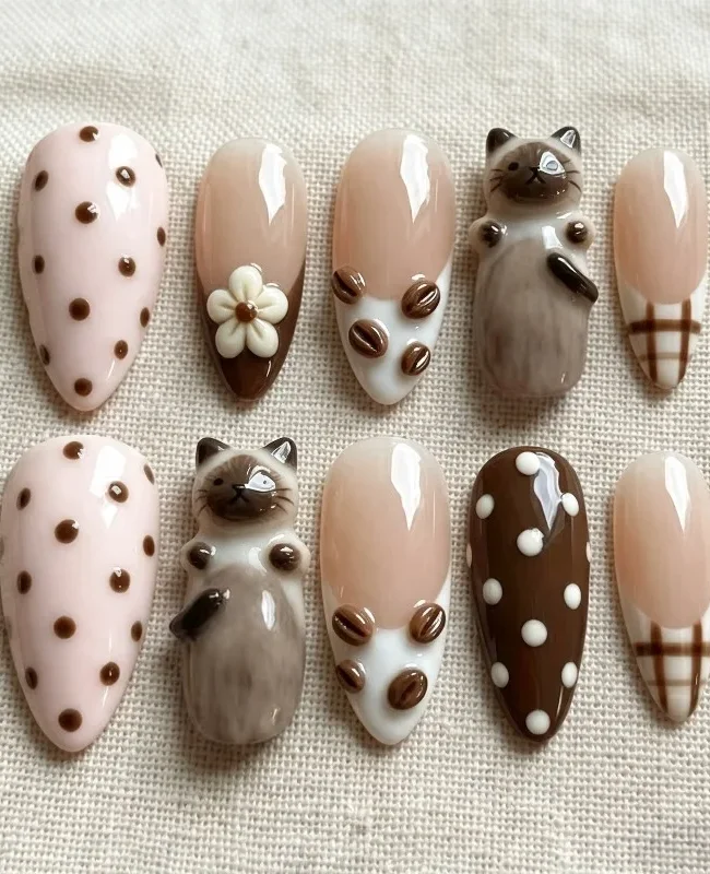30Pcs Press-On Nails Cute Kitten-Themed Almond-Shaped Elegant and Minimalist French Polka-Dot False Nails—Perfect for Women