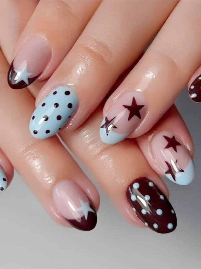 24PCS Blue Brown False Nails Star Polka Dot Press On Nails False Nails Press On Nails Women Daily Wear Wearable False Nails