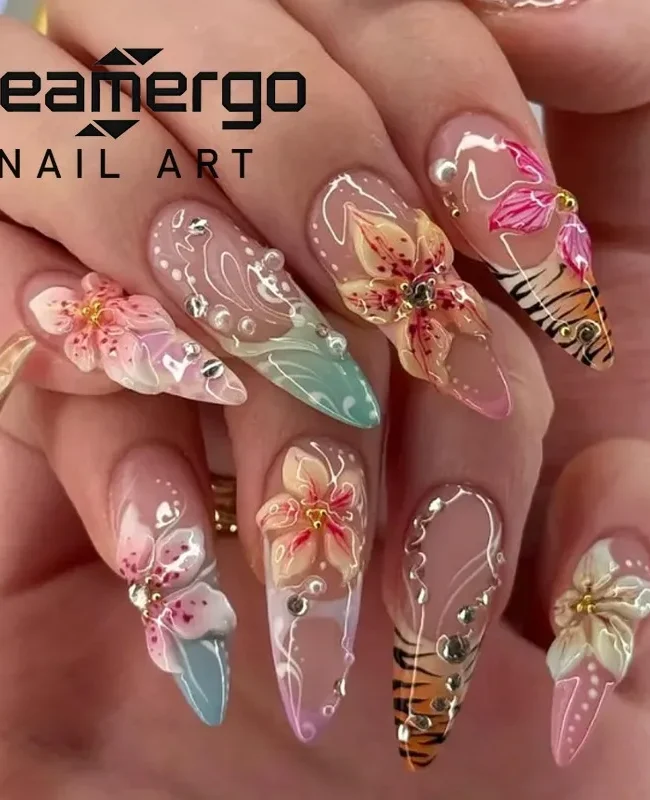 24CS Leopard Print French False Nails Colorful Gradient Almond Press on Nails Summer 3D Flowers with Pearl Fake Nails for Women